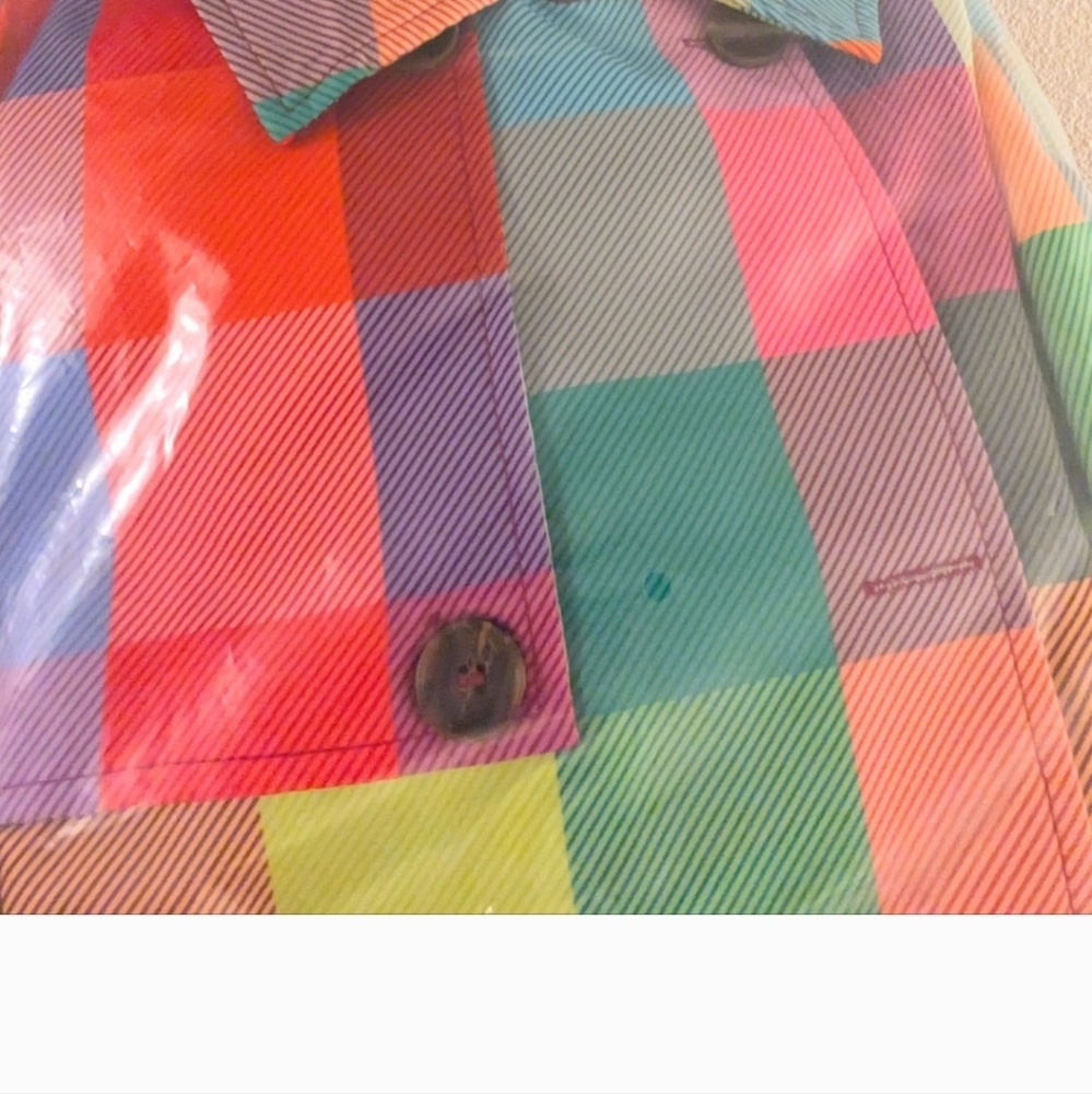 Rainbow Plaid Double Button Ladies Rain Coat. - Picture 6 of 10